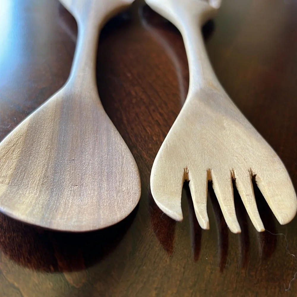 Vintage Small Wooden salad servers carved Elephant design